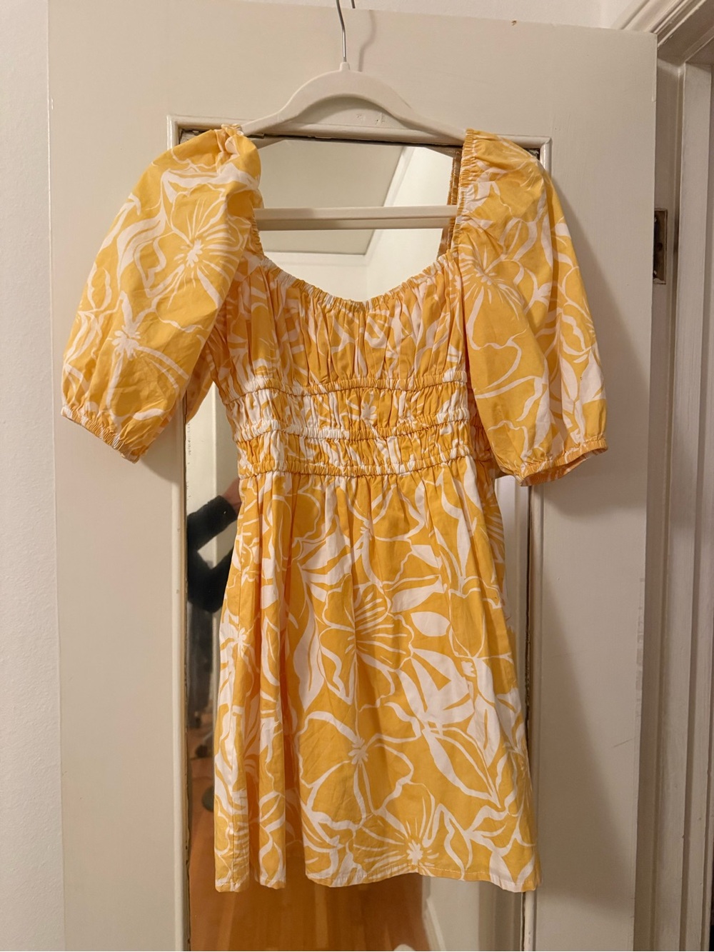 Faithfull the Brand Yellow and White Floral Puff-Sleeve Mini Dress